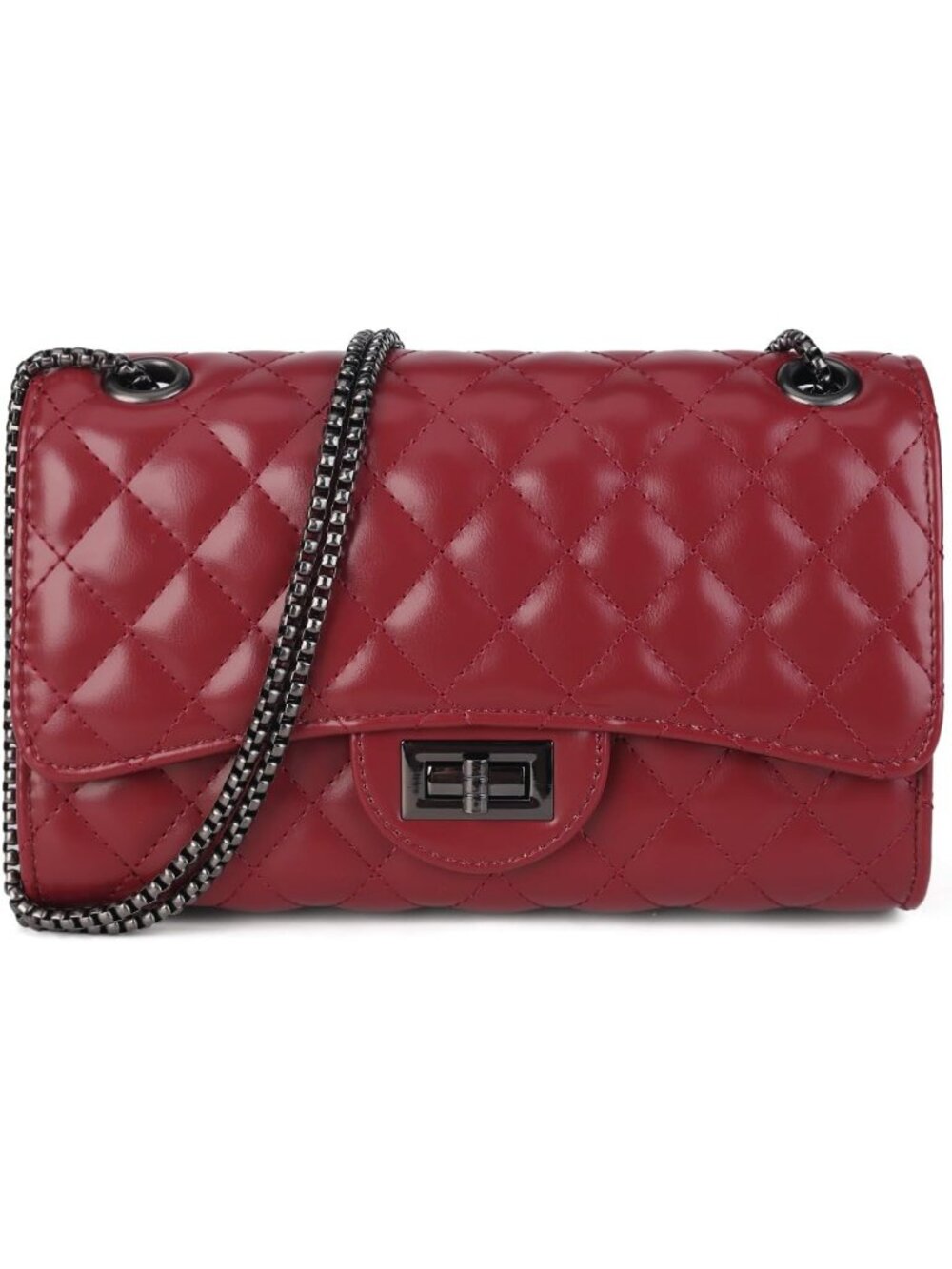 Women's Burgundy Quilted Crossbody Structured Purse Shoulder Bag Chain Strap